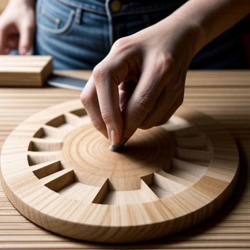 Slicing lotus root on a wooden chopping board.
